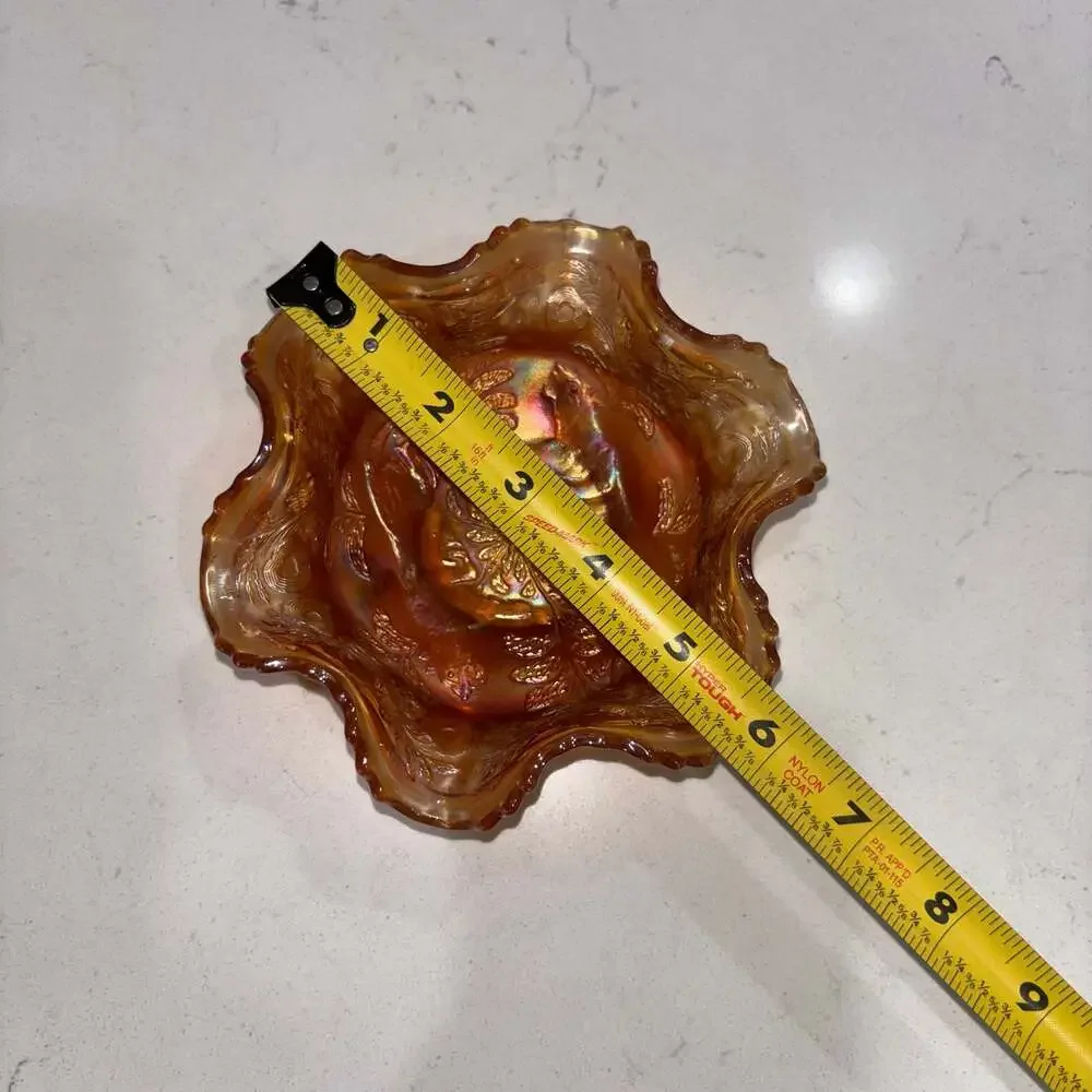 Fenton Antique Marigold Carnival Glass Panther Pattern 3-Footed Ruffled Bowl